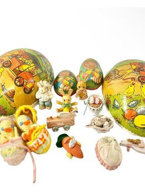Vtg Easter Ornaments Wood Dakin Crochet Paper Mache Egg Chick Bunny Rabbit Lot